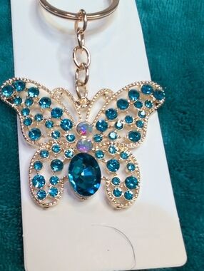 Gold-Tone Butterfly Keychain  with Blue Crystal Accents